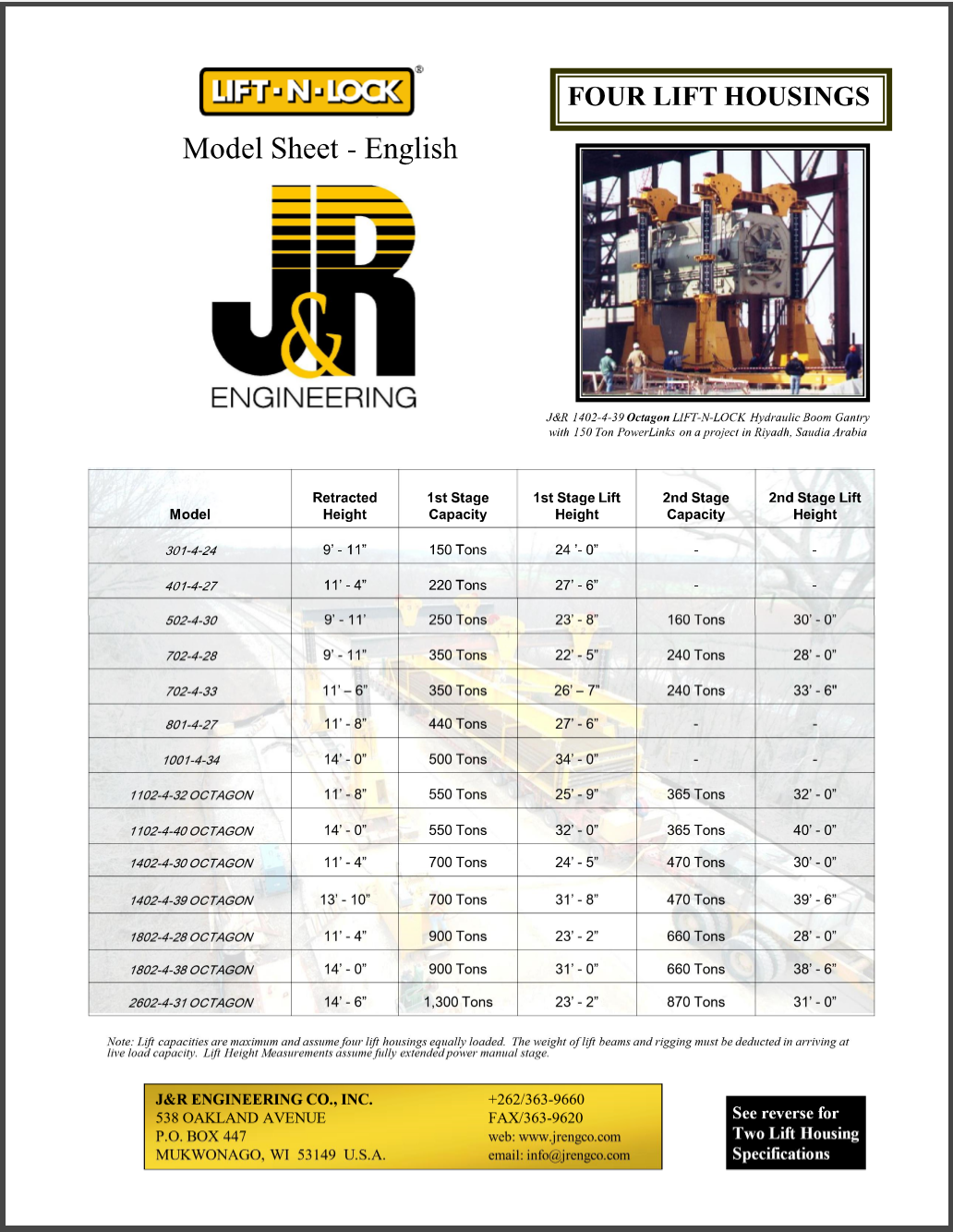 J&R Engineering LIFT-N-LOCK® Hydraulic BOOM Gantry Model Sheet Four Lift Housing (English)