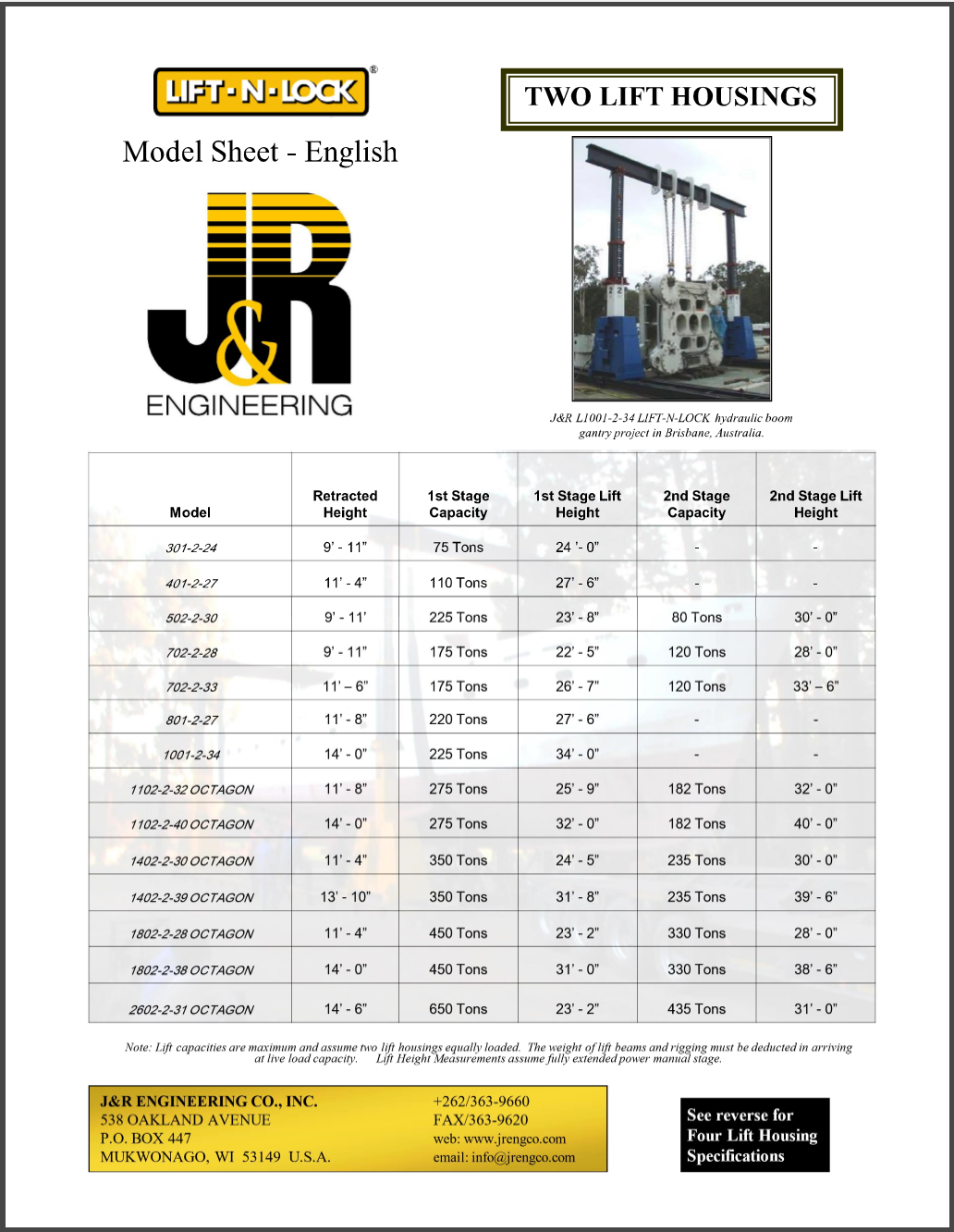 J&R Engineering LIFT-N-LOCK® Hydraulic BOOM Gantry Model Sheet Two Lift Housing (English)
